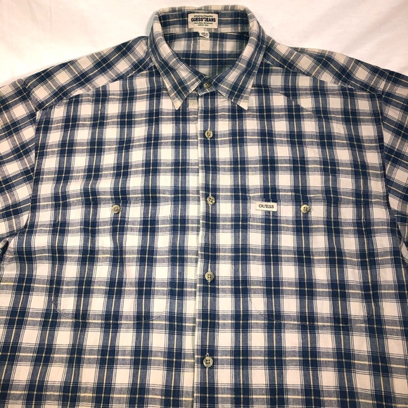 VINTAGE Men's Guess Plaid Short Sleeve Casual Button Up Shirt Size Large Blue - Picture 2 of 6